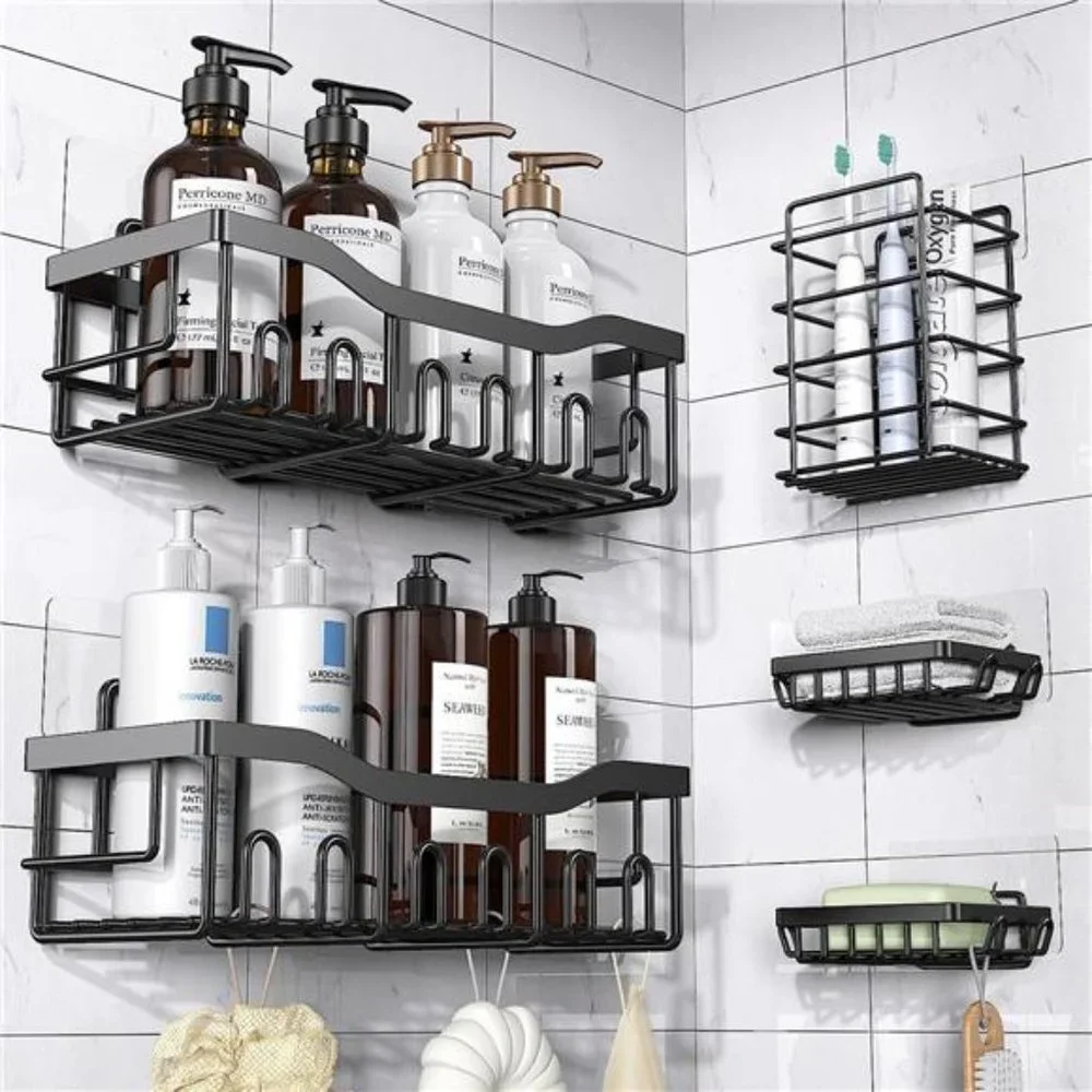 5 Pack, Bathroom Organizer Stainless Steel Adhesive Shower Organizer, Black